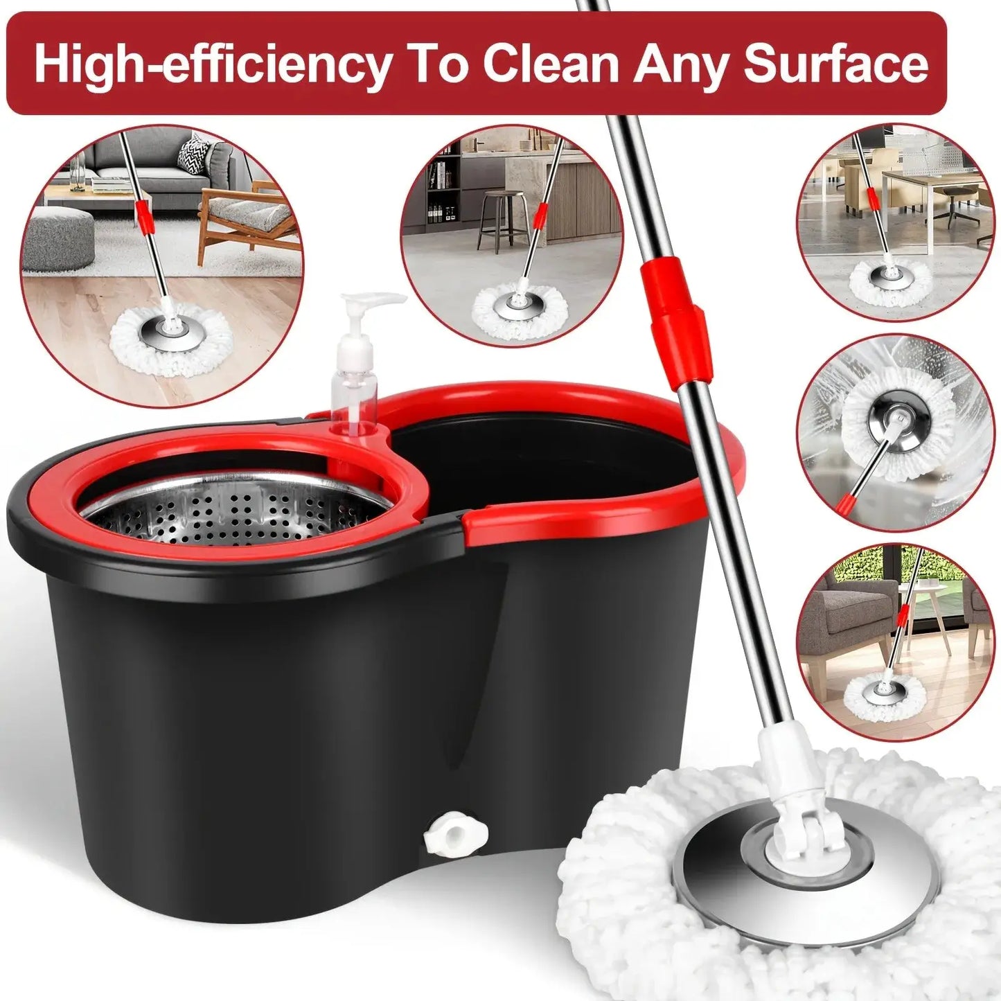 Mop Bucket with Wringer Set, 360 Rotation Mop Bucket Systerm for Floor Cleaning with 3 Microfiber Mop Head for Office And Home Use, Black from PriceLows™