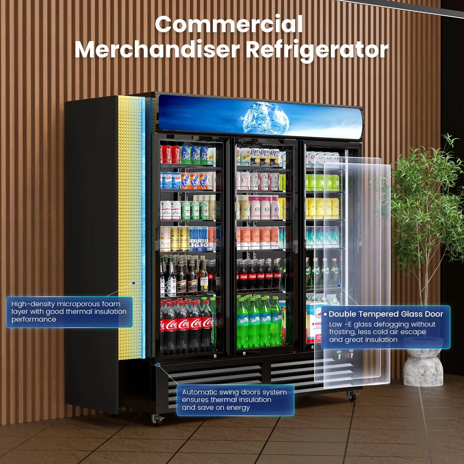 56 Cu Ft Commercial Display Fridge for Beverage 3 Glass Door Upright Refrigerator Merchandiser with Front LED Light for Shop Bar from PriceLows™
