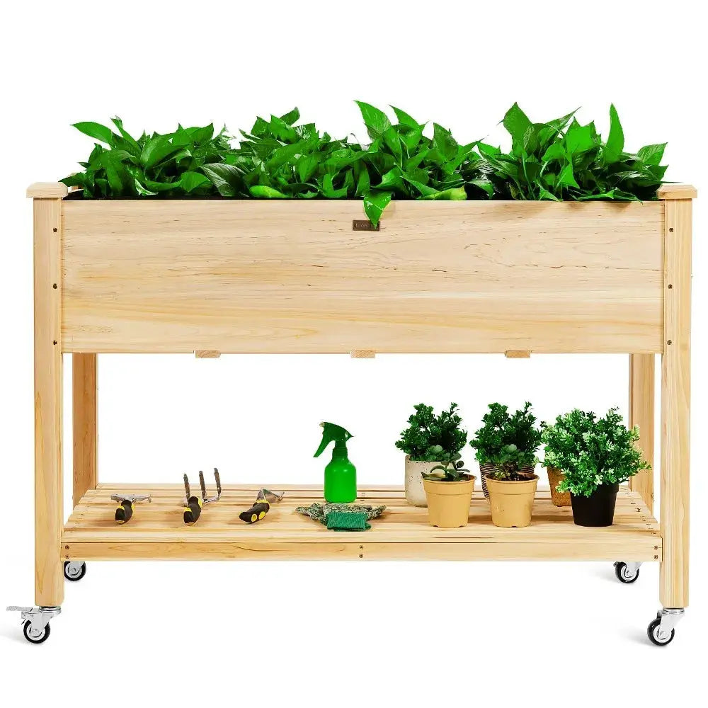 Raised Garden Bed Wood Elevated Planter Bed w/Lockable Wheels Shelf & Liner from PriceLows™