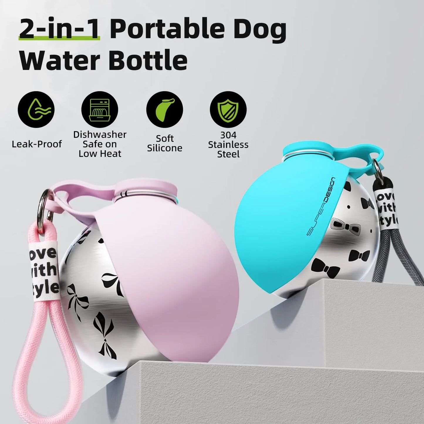 Dog Water Bottle | Leak Proof | Stainless Steel Silicone | Small Dogs