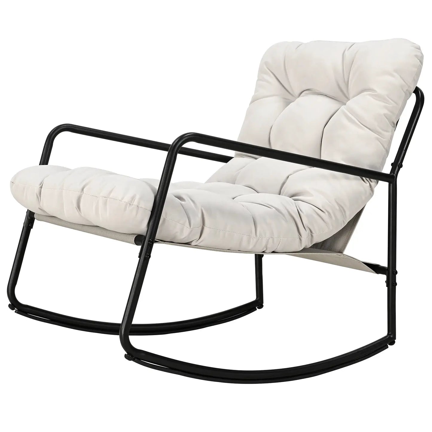 SEEHILL Outdoor Rocking Chair, Metal Patio Rocking Chair, Indoor Rocking Chair with Cushion, Papasan Rocking Lounge Chair, Comfy Modern Rocker Chair for Porch, Living Room, Garden, Backyard, Off-White from PriceLows™