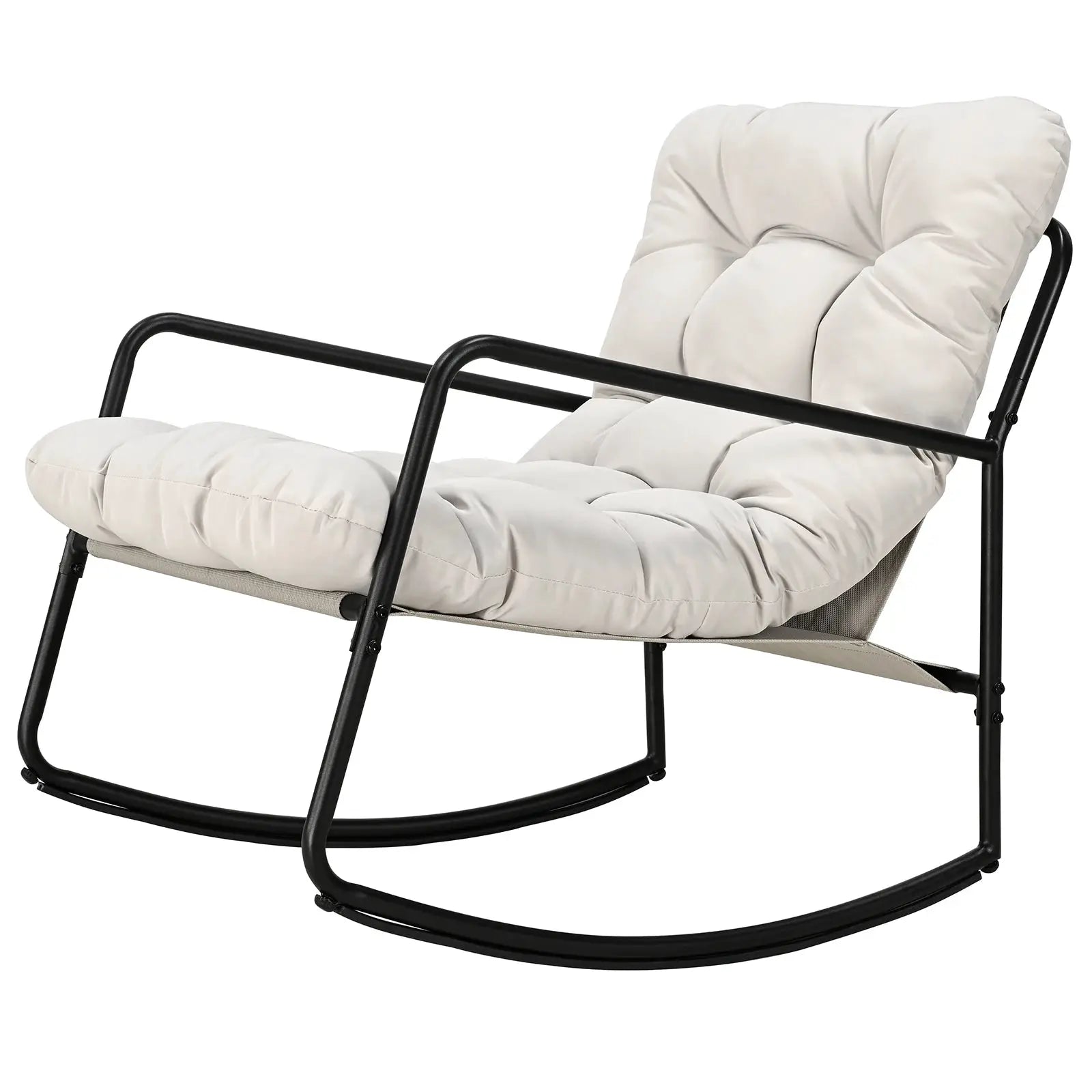 SEEHILL Outdoor Rocking Chair, Metal Patio Rocking Chair, Indoor Rocking Chair with Cushion, Papasan Rocking Lounge Chair, Comfy Modern Rocker Chair for Porch, Living Room, Garden, Backyard, Off-White from PriceLows™