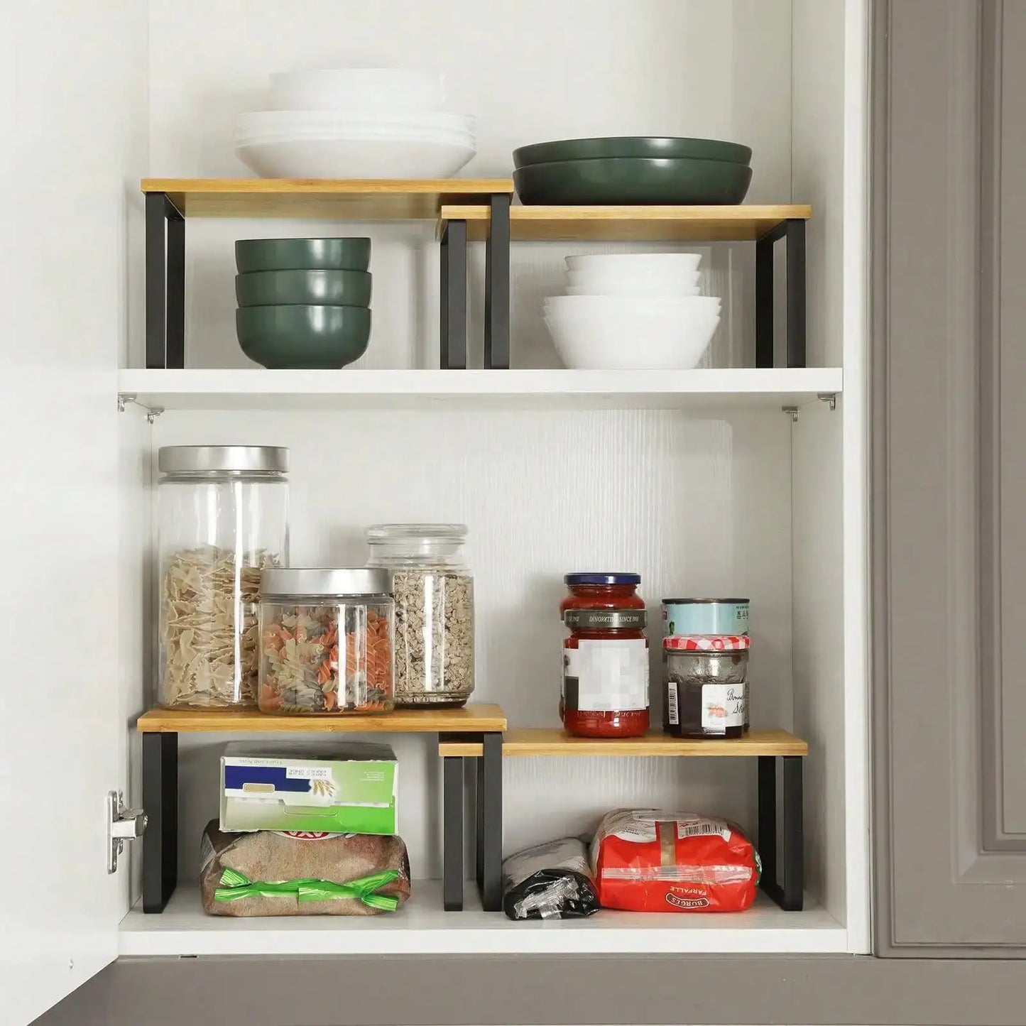 4 Pack Cabinet Organizer Shelf, Kitchen Counter Shelves, Kitchen Storage, Spice Rack, Stackable, Expandable, Metal And Engineered Wood, Ink Black And Natural Beige from PriceLows™