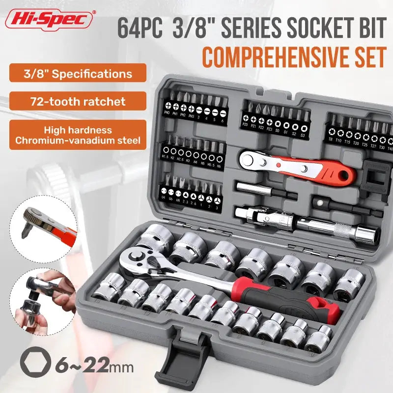 64PC 3/8" Socket & Bit Set Professional 72T Ratchet Wrench Kit Cr-V Steel Socket Extension Bar Tool Kit for Auto & Home Repair from PriceLows™