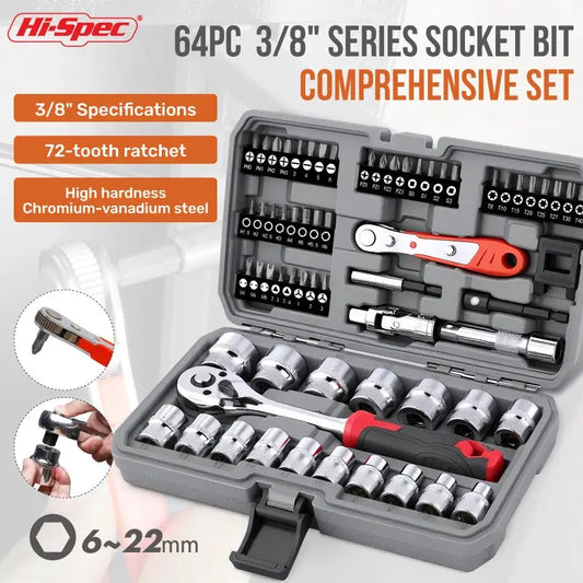 64PC 3/8" Socket & Bit Set Professional 72T Ratchet Wrench Kit Cr-V Steel Socket Extension Bar Tool Kit for Auto & Home Repair from PriceLows™