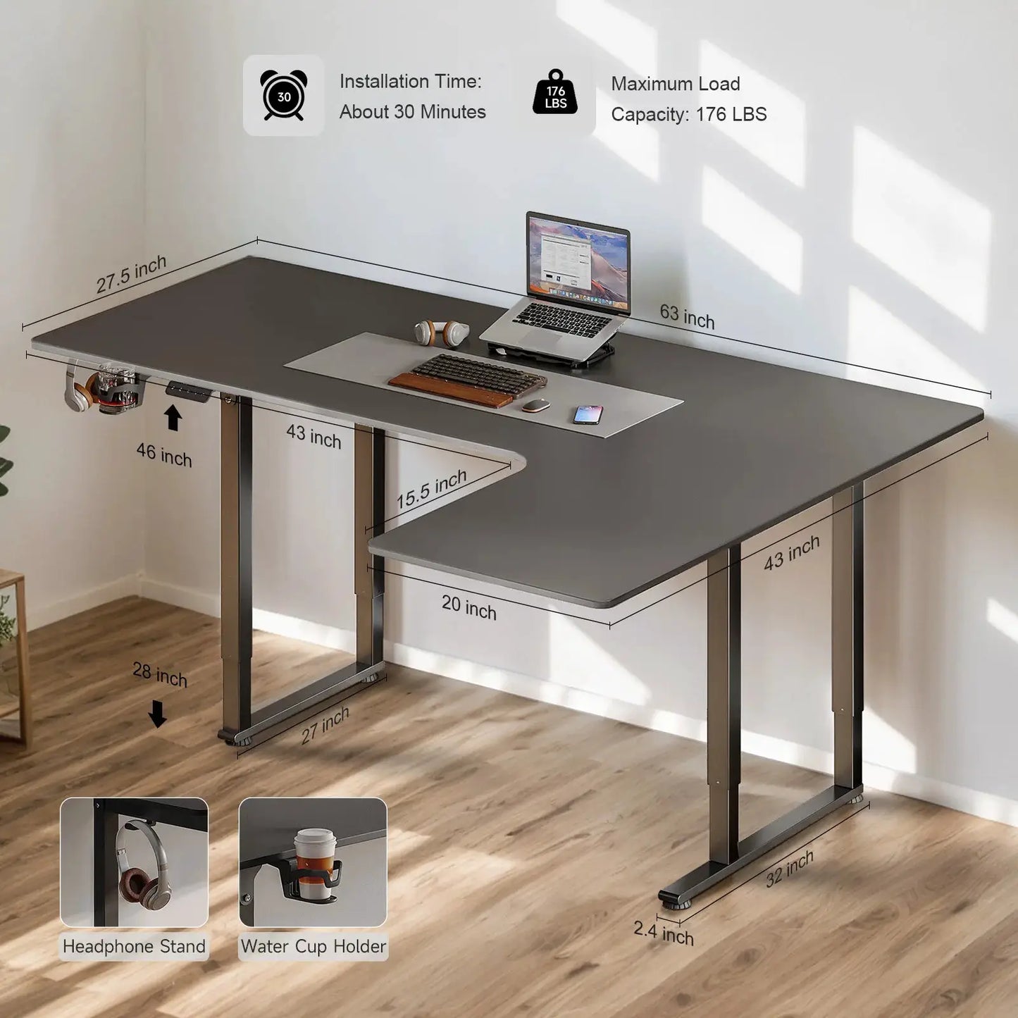 L Shaped Standing Desk, 63/71x43 Inches Electric Stand Up Desk with Dual Motor & Memory Controller, Desk with Adjustable Height from PriceLows™