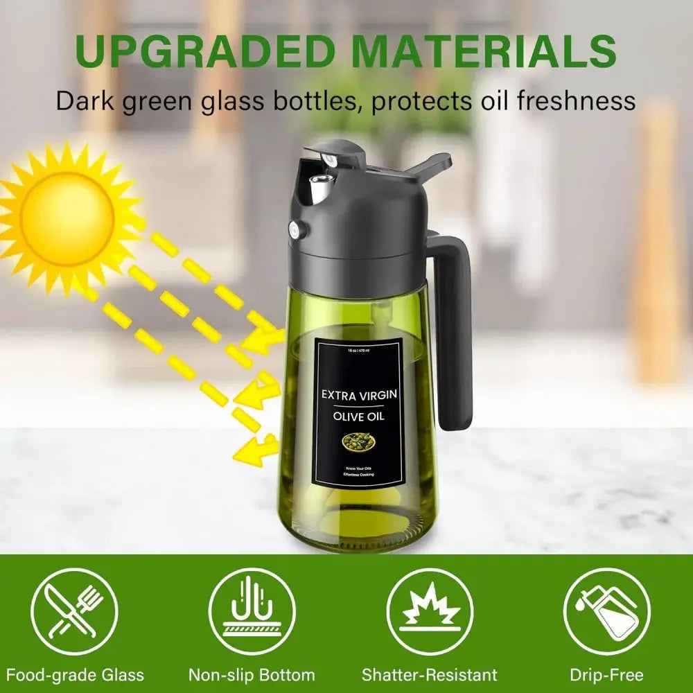Olive Oil Dispenser Bottle | 470ml | Dark Green Glass | 2 In 1 Sprayer