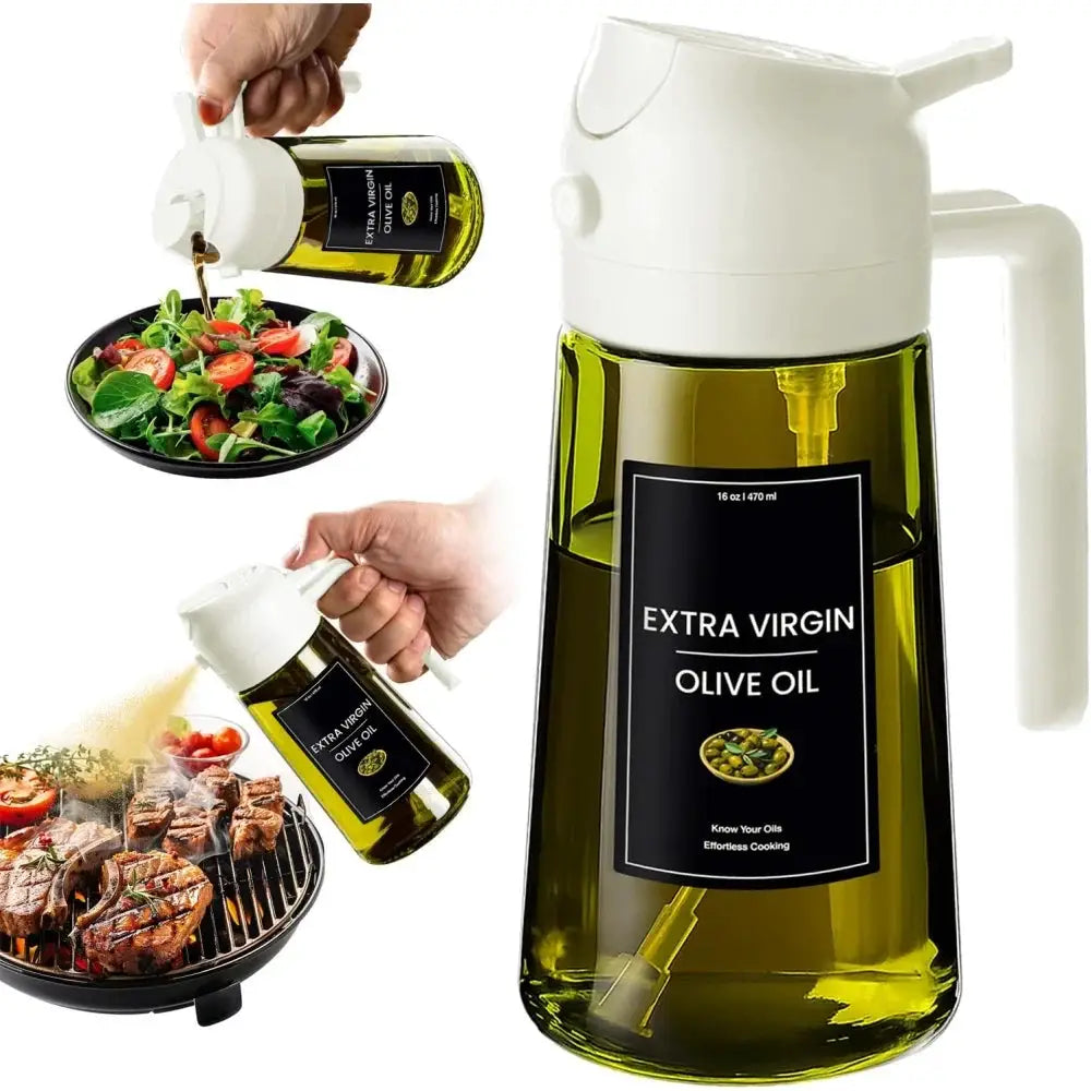 Olive Oil Dispenser Bottle | 470ml | Dark Green Glass | 2 In 1 Sprayer
