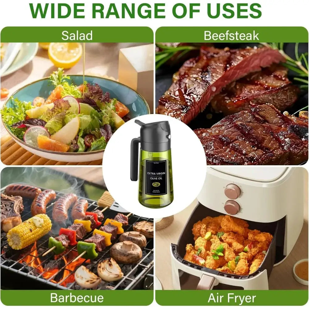 Olive Oil Dispenser Bottle | 470ml | Dark Green Glass | 2 In 1 Sprayer