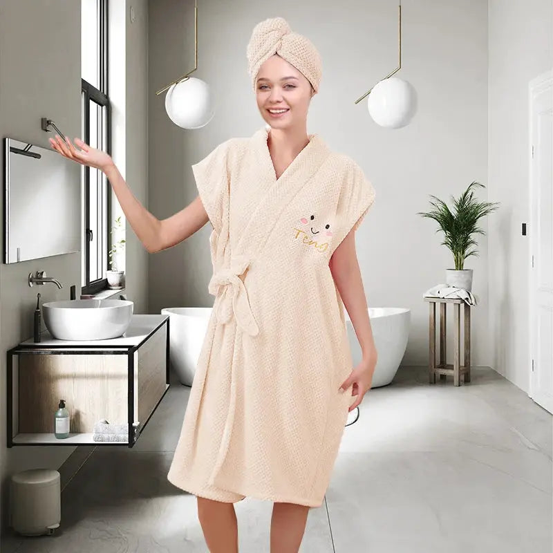 Womens Wrap Bathrobe | Microfiber | Adjustable Closure | Hair Towel Set