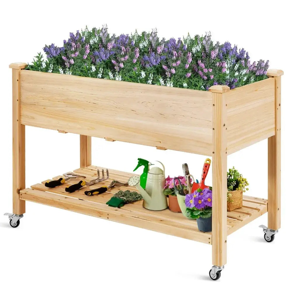 Raised Garden Bed Wood Elevated Planter Bed w/Lockable Wheels Shelf & Liner from PriceLows™