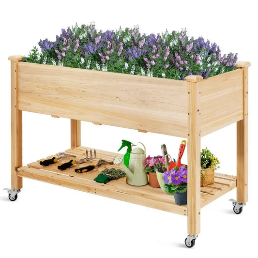 Raised Garden Bed Wood Elevated Planter Bed w/Lockable Wheels Shelf & Liner from PriceLows™