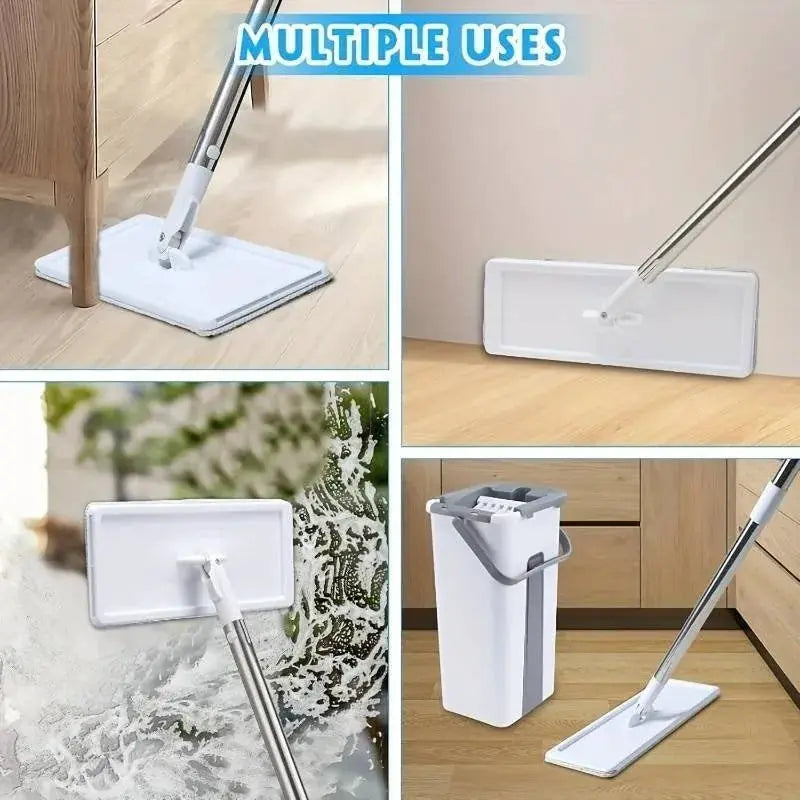 Hands-free flat floor mop + bucket set! 3 washable fibre mop pads for wet & dry use. 360-degree spin = less work for you from PriceLows™