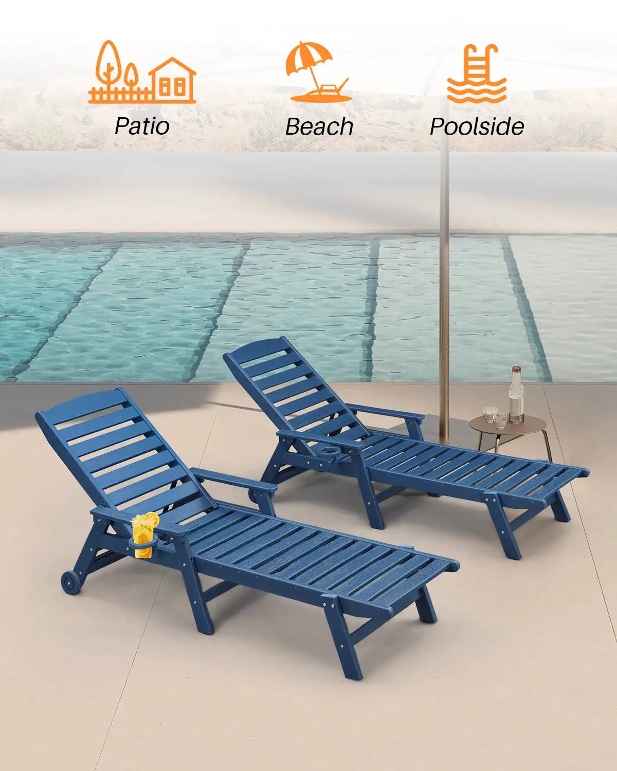 SeeHill Navy HDPE Patio Chaise Lounge Chair, 78.4'' Outdoor Lounger, Poly 5-Position Patio Adirondack Chair with Wheels from PriceLows™