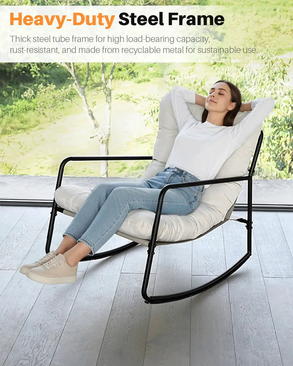 SEEHILL Outdoor Rocking Chair, Metal Patio Rocking Chair, Indoor Rocking Chair with Cushion, Papasan Rocking Lounge Chair, Comfy Modern Rocker Chair for Porch, Living Room, Garden, Backyard, Off-White from PriceLows™