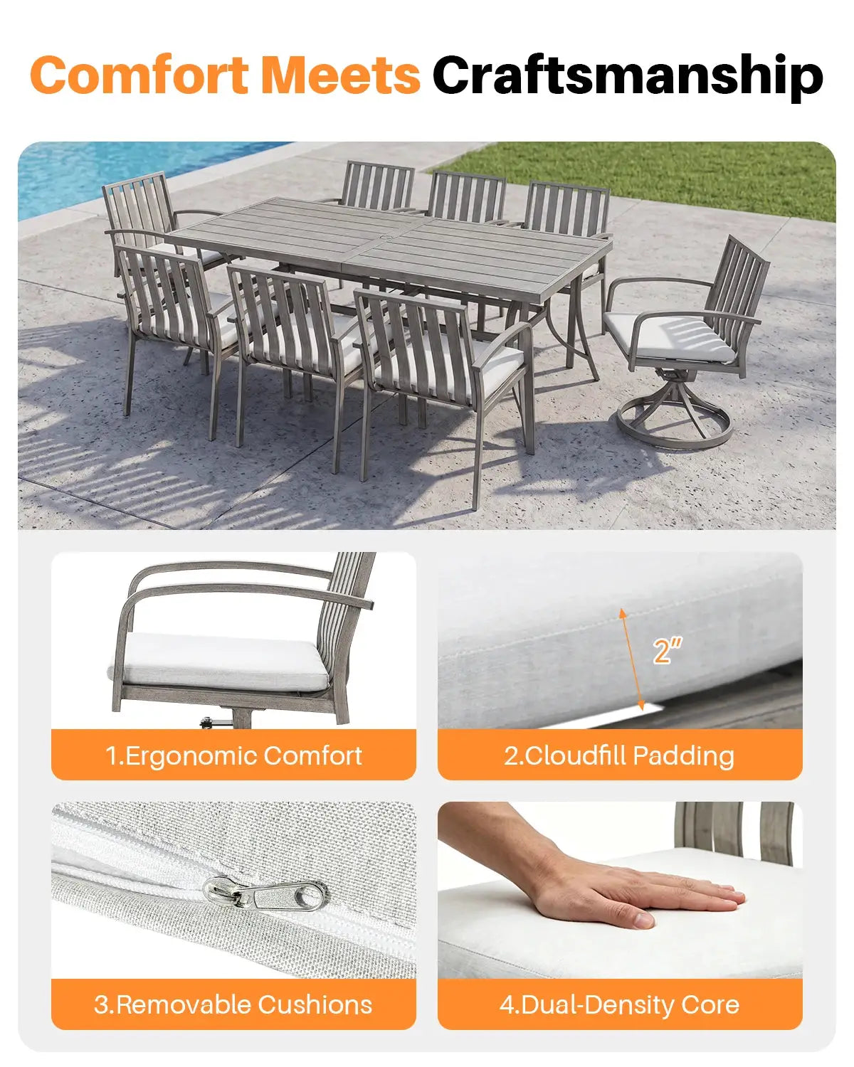 SeeHill 9-Piece Patio Dining Set, Aluminum Table with 6 Chairs and 2 Swivel Chairs, Umbrella Hole, Deck, Garden, Limed Oak from PriceLows™