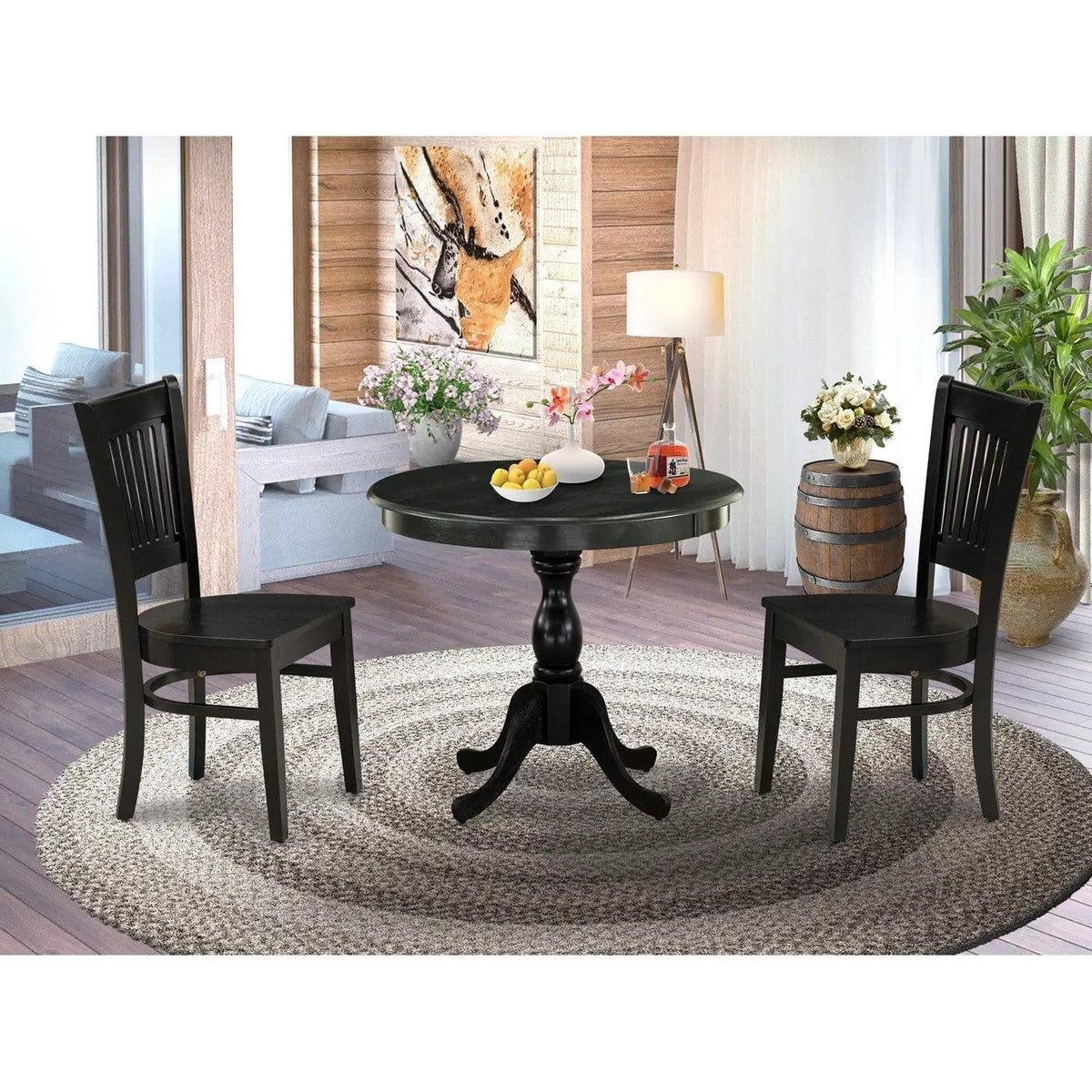 EAST WEST FURNITURE AMVA3-BLK-W 3-Pc Dinette Room Set- 2 Modern Dining Room Chair | 3-Piece Set | Solid Wood | Wooden Seat and Slatted Chair Back (Black Finish)