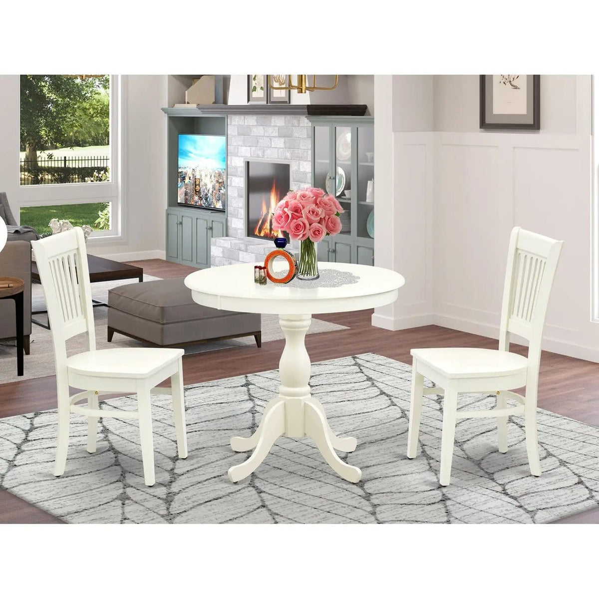 EAST WEST FURNITURE AMVA3-LWH-W 3-Pc Dining Room Table Set- 2 Dining Room Chair and | 3-Piece Set | Solid Wood & Linen | Wooden Seat and Slatted Chair Back (linen white Finish)
