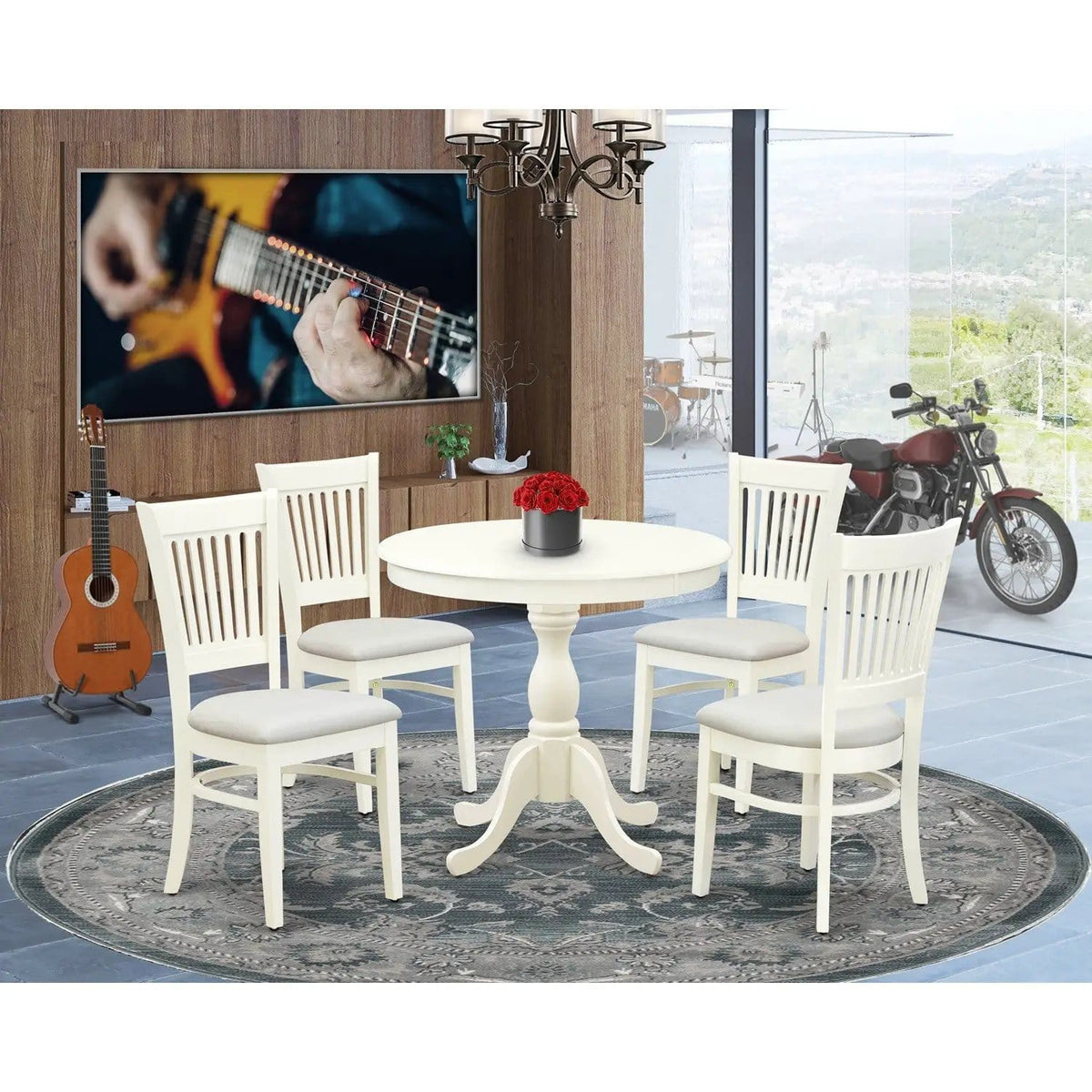 EAST WEST FURNITURE AMVA5-LWH-C 5-Piece Dinette Room Set- 4 dining room chairs and | 5-Piece Set | Solid Wood & Linen | Linen Fabric Seat and Slatted Chair Back (linen white Finish)