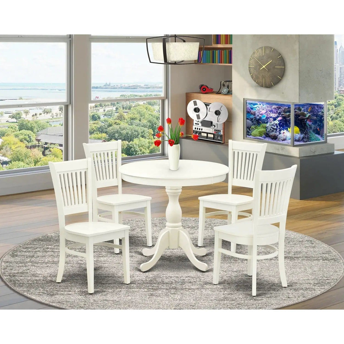EAST WEST FURNITURE AMVA5-LWH-W 5-Pc Dinette Set- 4 dining room chairs and Modern | 5-Piece Set | Solid Wood & Linen | Wooden Seat and Slatted Chair Back (linen white Finish)