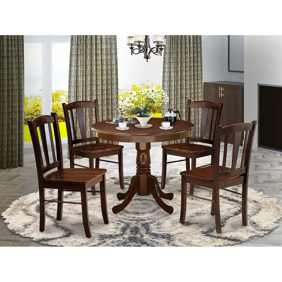EAST WEST FURNITURE ANDL5-MAH-W 5-Piece Dining Room Table Set- 4 Wooden Chairs and | 5-Piece Set | Solid Wood | Mahogany Finish