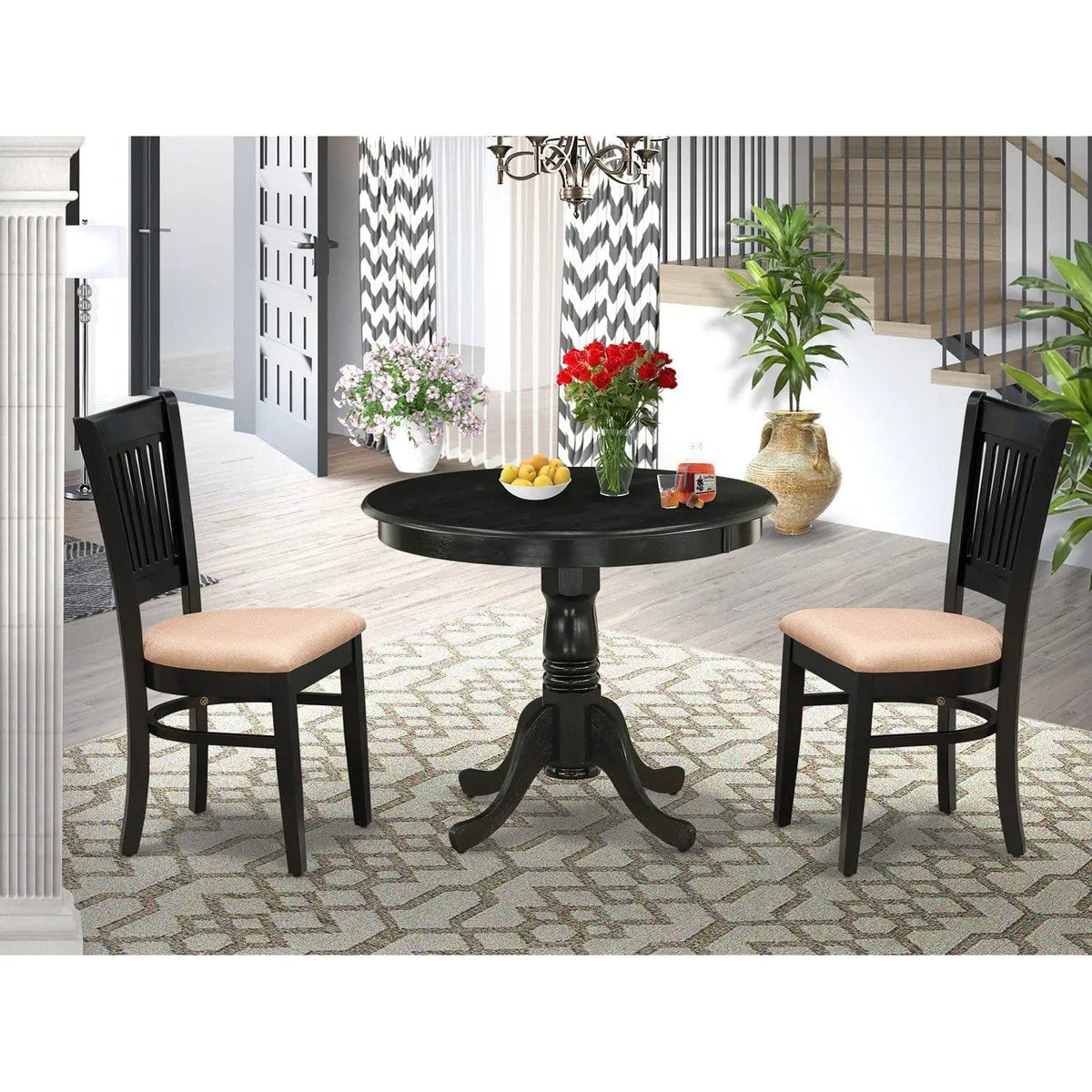 EAST WEST FURNITURE ANVA3-BLK-C 3-Pc Kitchen Dining Set- 2 Wood Chair and Kitchen | 3-Piece Set | Solid Wood & Linen | Linen Fabric Seat and Slatted Chair Back (Black Finish)