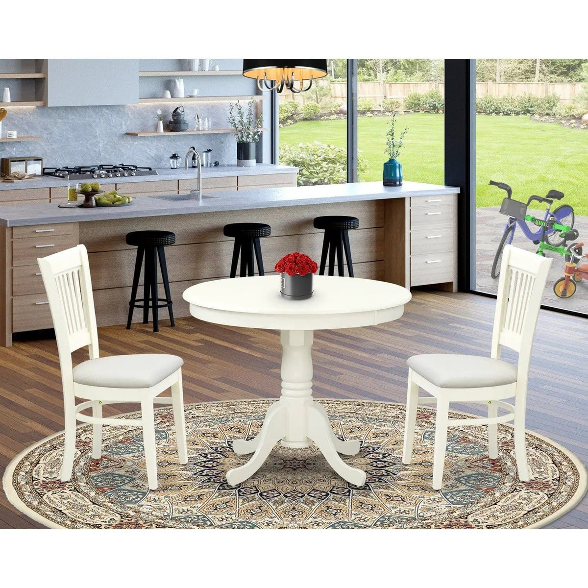 EAST WEST FURNITURE ANVA3-LWH-C 3-Pc Dining Room Table Set- 2 Wooden Chairs and | 3-Piece Set | Solid Wood & Linen | Linen Fabric Seat and Slatted Chair Back (linen white Finish)
