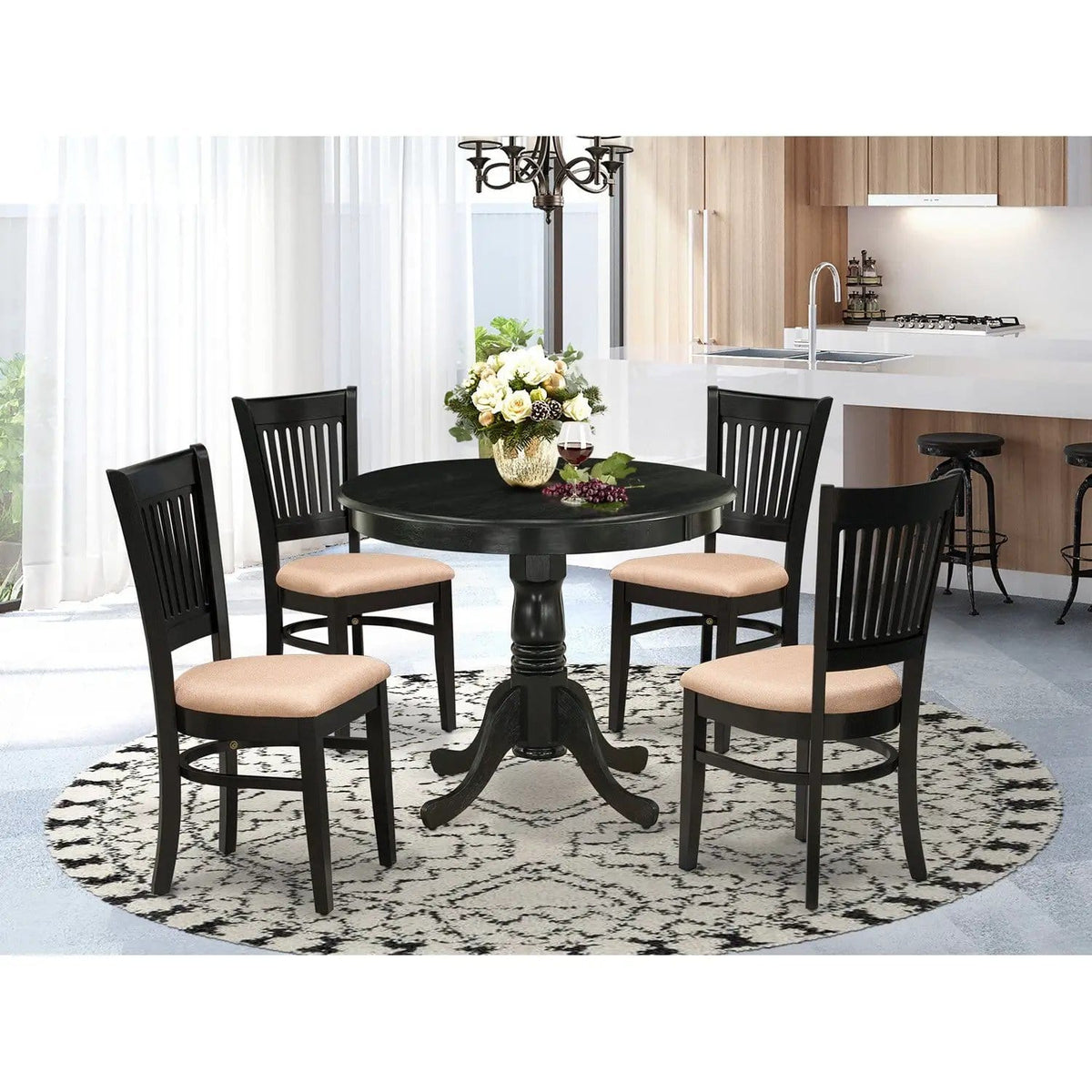 EAST WEST FURNITURE ANVA5-BLK-C 5-Pc Dinette Room Set- 4 Wooden Chair and Modern | 5-Piece Set | Solid Wood & Linen | Linen Fabric Seat and Slatted Chair Back (Black Finish)