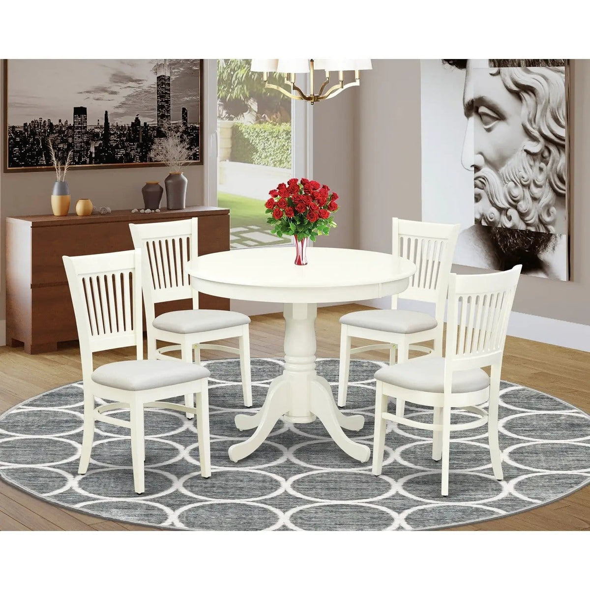 EAST WEST FURNITURE ANVA5-LWH-C 5-Piece Dining Table Set- 4 dining room chairs and | 5-Piece Set | Solid Wood & Linen | Linen Fabric Seat and Slatted Chair Back (linen white Finish)