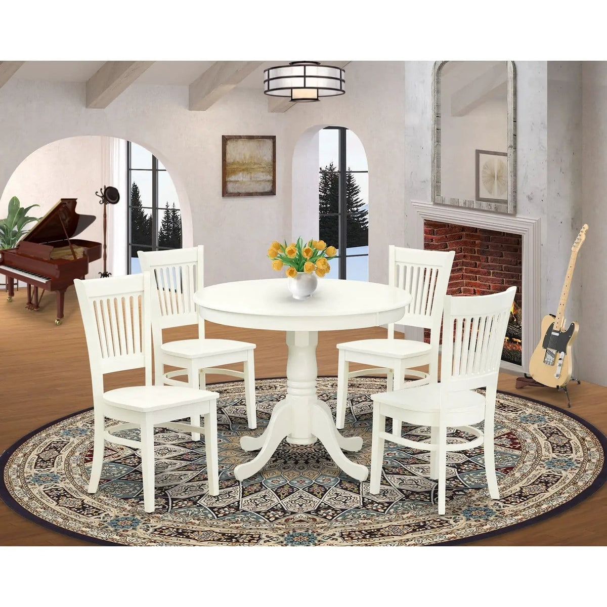 EAST WEST FURNITURE ANVA5-LWH-W 5-Piece Kitchen Dining Set- 4 Wooden Chairs and | 5-Piece Set | Solid Wood & Linen | Wooden Seat and Slatted Chair Back (linen white Finish)