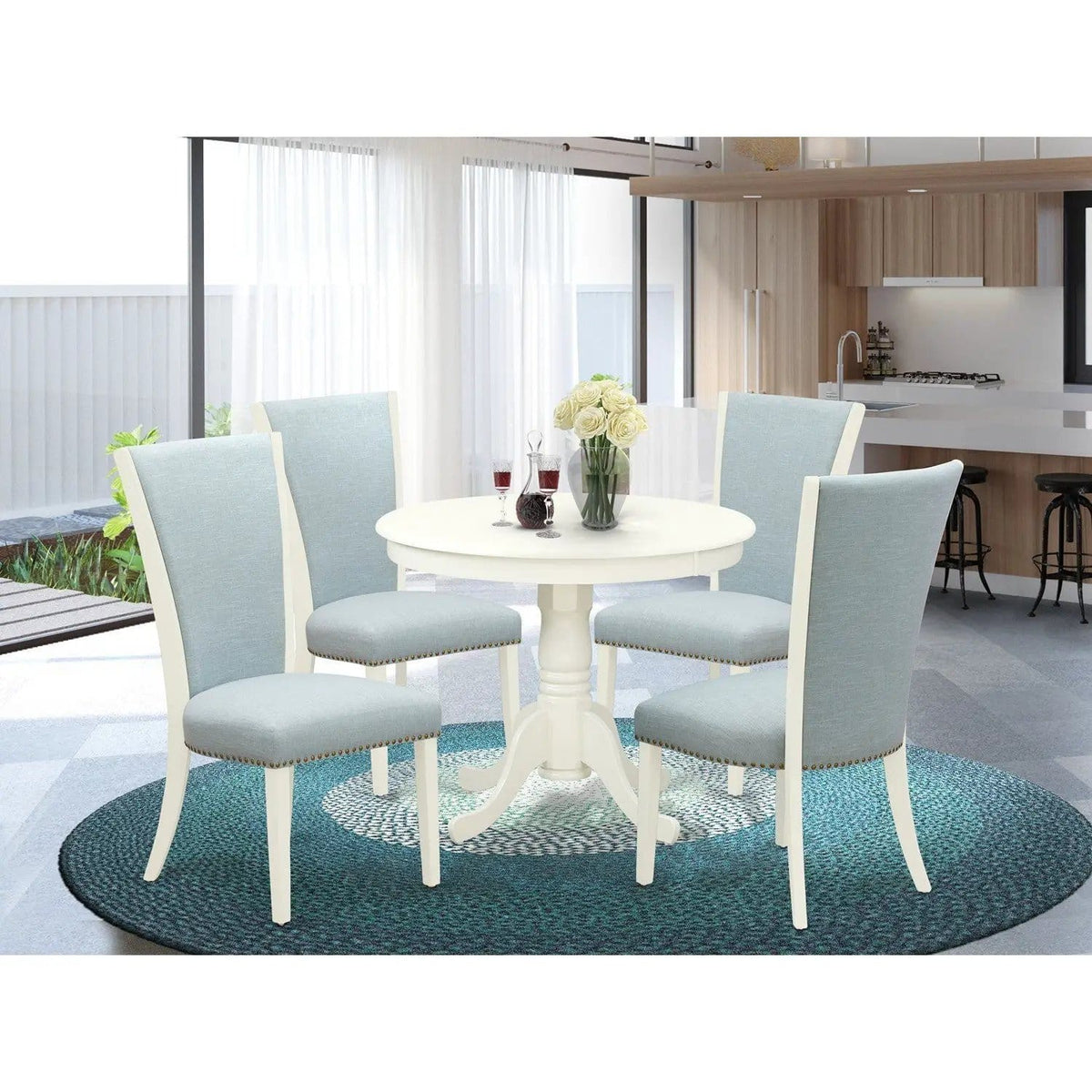 EAST WEST FURNITURE ANVE5-LWH-15 5 Piece Dining Room Set 4 Baby Blue Linen Fabric | 5-Piece Set | Solid Wood & Linen | linen white Finish