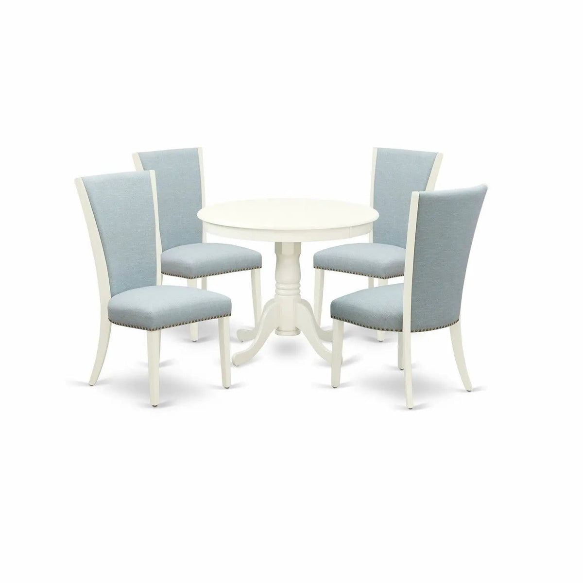 EAST WEST FURNITURE ANVE5-LWH-15 5 Piece Dining Room Set 4 Baby Blue Linen Fabric | 5-Piece Set | Solid Wood & Linen | linen white Finish