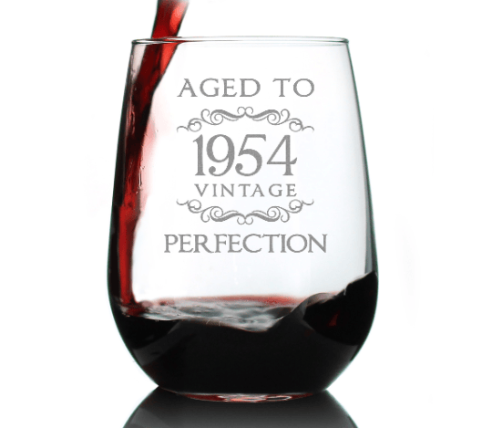 Etched Stemless Wine Glass | 17 oz | Dishwasher Safe | Aged to Perfection 1954