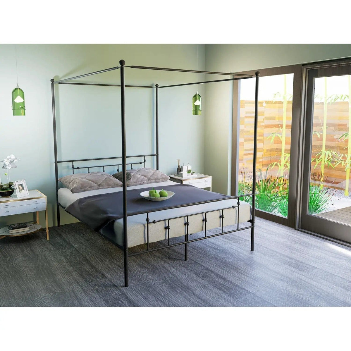 EAST WEST FURNITURE ATQCBLK Anniston Canopy Bed with Deluxe Style Headboard and | Bedroom Set | Metal | Luxurious Metal Frame in Powder Coating Black