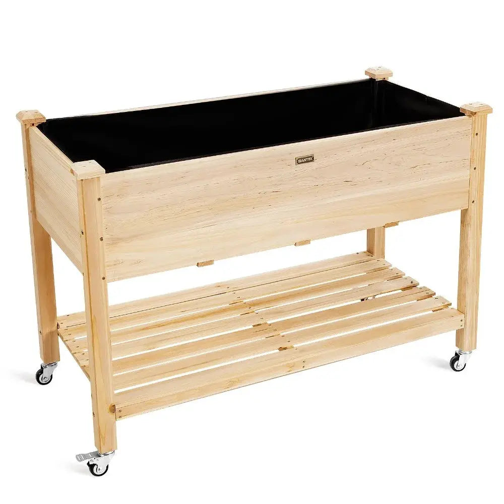 Raised Garden Bed Wood Elevated Planter Bed w/Lockable Wheels Shelf & Liner from PriceLows™