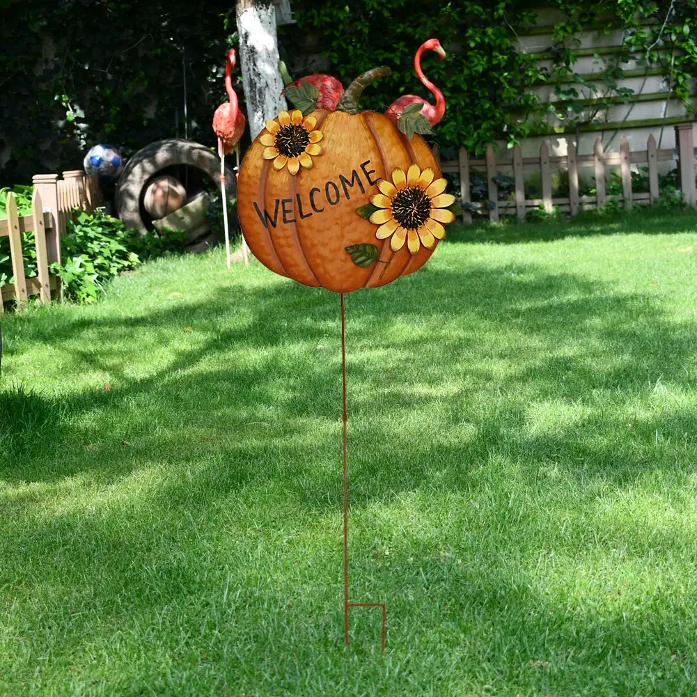 36.75" Height Pumpkin Yard Sign Stakes Fall Welcome Signs with 2 Sunflowers Metal Pumpkin Garden Decoration for Halloween Gift from PriceLows™