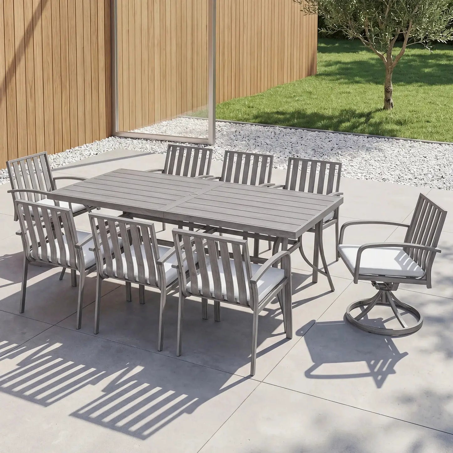 SeeHill 9-Piece Patio Dining Set, Aluminum Table with 6 Chairs and 2 Swivel Chairs, Umbrella Hole, Deck, Garden, Limed Oak from PriceLows™