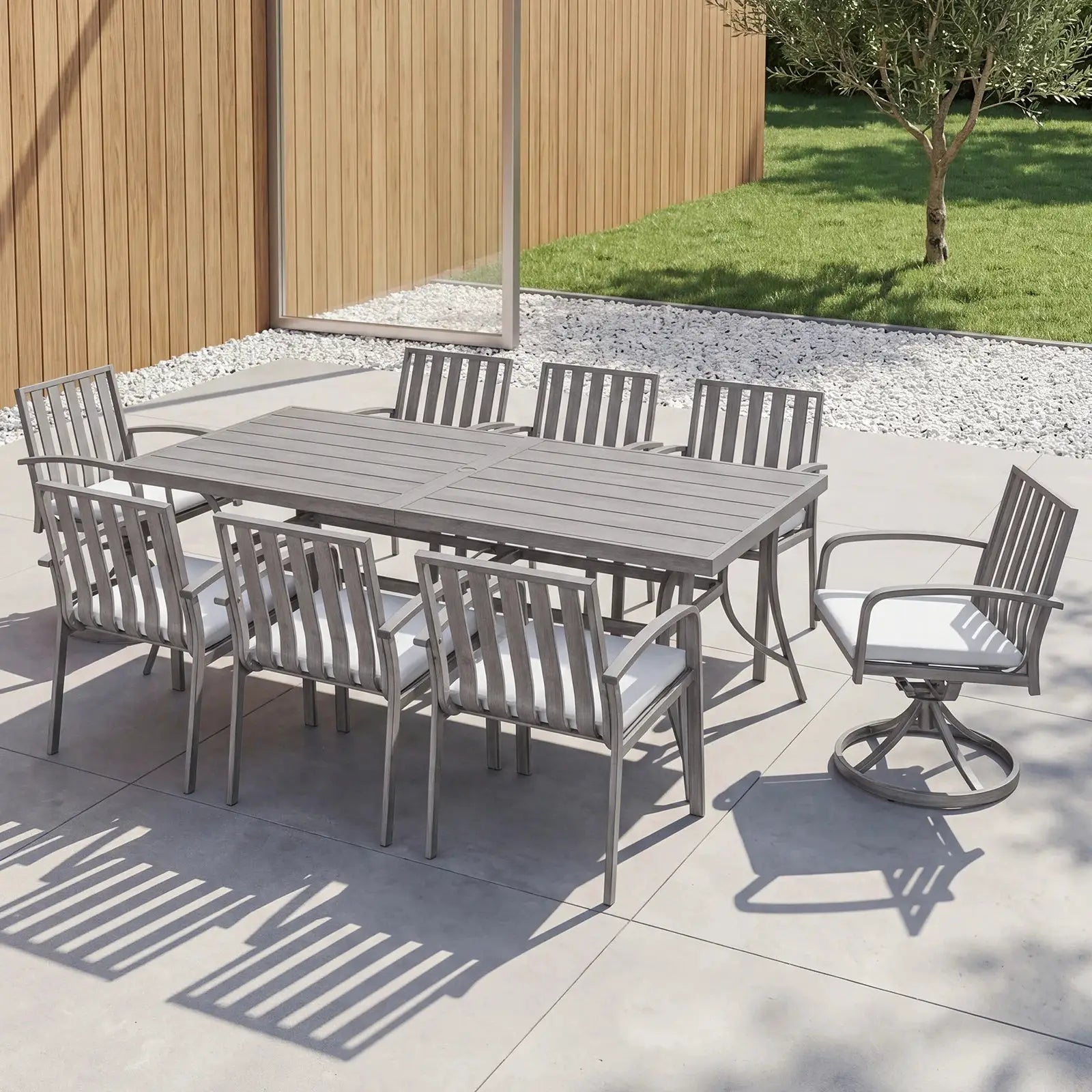 SeeHill 9-Piece Patio Dining Set, Aluminum Table with 6 Chairs and 2 Swivel Chairs, Umbrella Hole, Deck, Garden, Limed Oak from PriceLows™