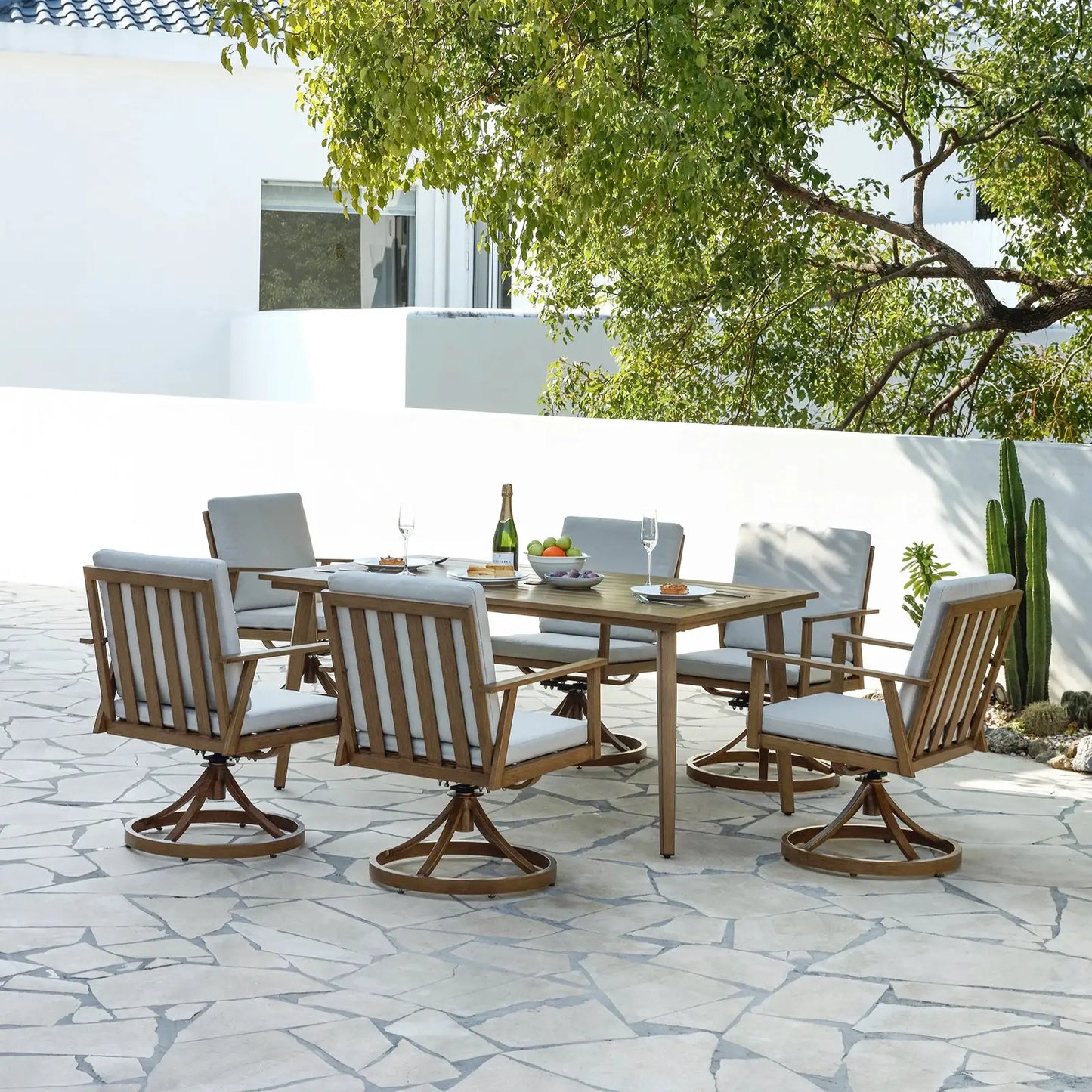 Seehill 7 Pieces Outdoor Furniture Sets, Aluminum Outdoor Dining Table Set with 6 Swivel Chairs for Deck, Pool, Yard, Teak from PriceLows™
