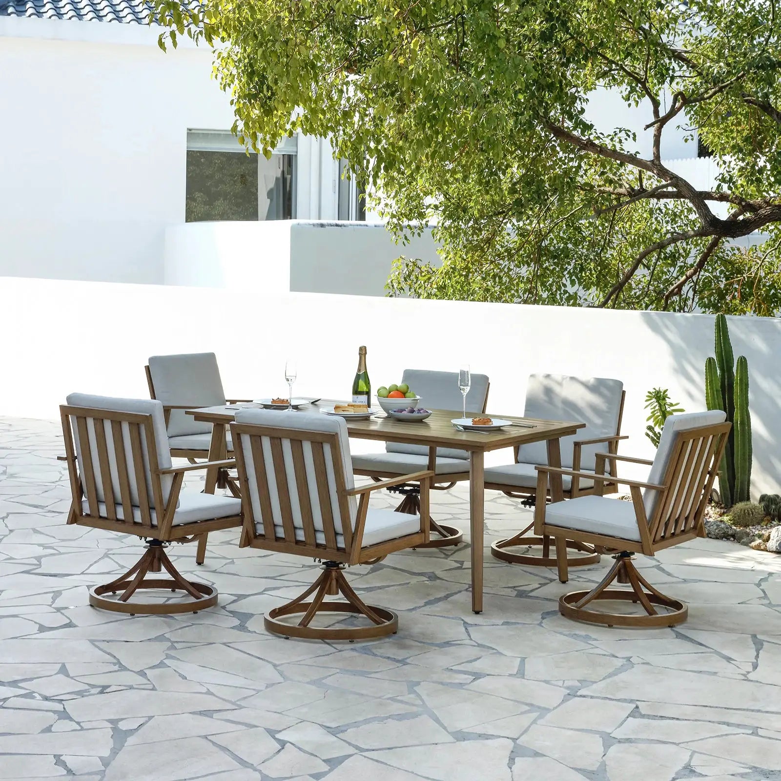 Seehill 7 Pieces Outdoor Furniture Sets, Aluminum Outdoor Dining Table Set with 6 Swivel Chairs for Deck, Pool, Yard, Teak from PriceLows™