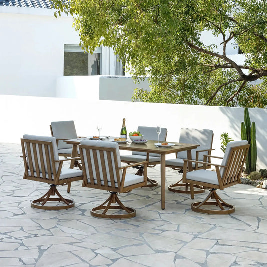 Seehill 7 Pieces Outdoor Furniture Sets, Aluminum Outdoor Dining Table Set with 6 Swivel Chairs for Deck, Pool, Yard, Teak from PriceLows™