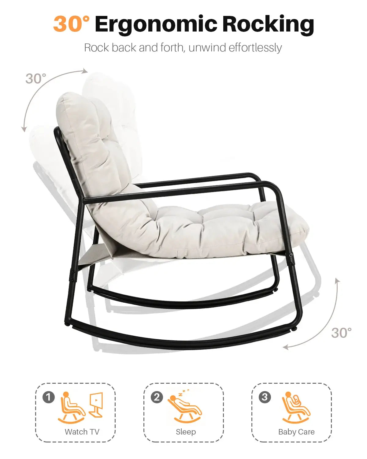 SEEHILL Outdoor Rocking Chair, Metal Patio Rocking Chair, Indoor Rocking Chair with Cushion, Papasan Rocking Lounge Chair, Comfy Modern Rocker Chair for Porch, Living Room, Garden, Backyard, Off-White from PriceLows™