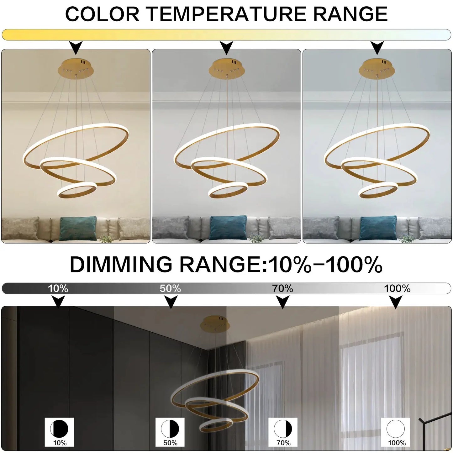 Modern LED Ring Chandelier 3 Ring Dimmable Circular Dining Ceiling Pendant Light for Dinning Room Living Room from PriceLows™