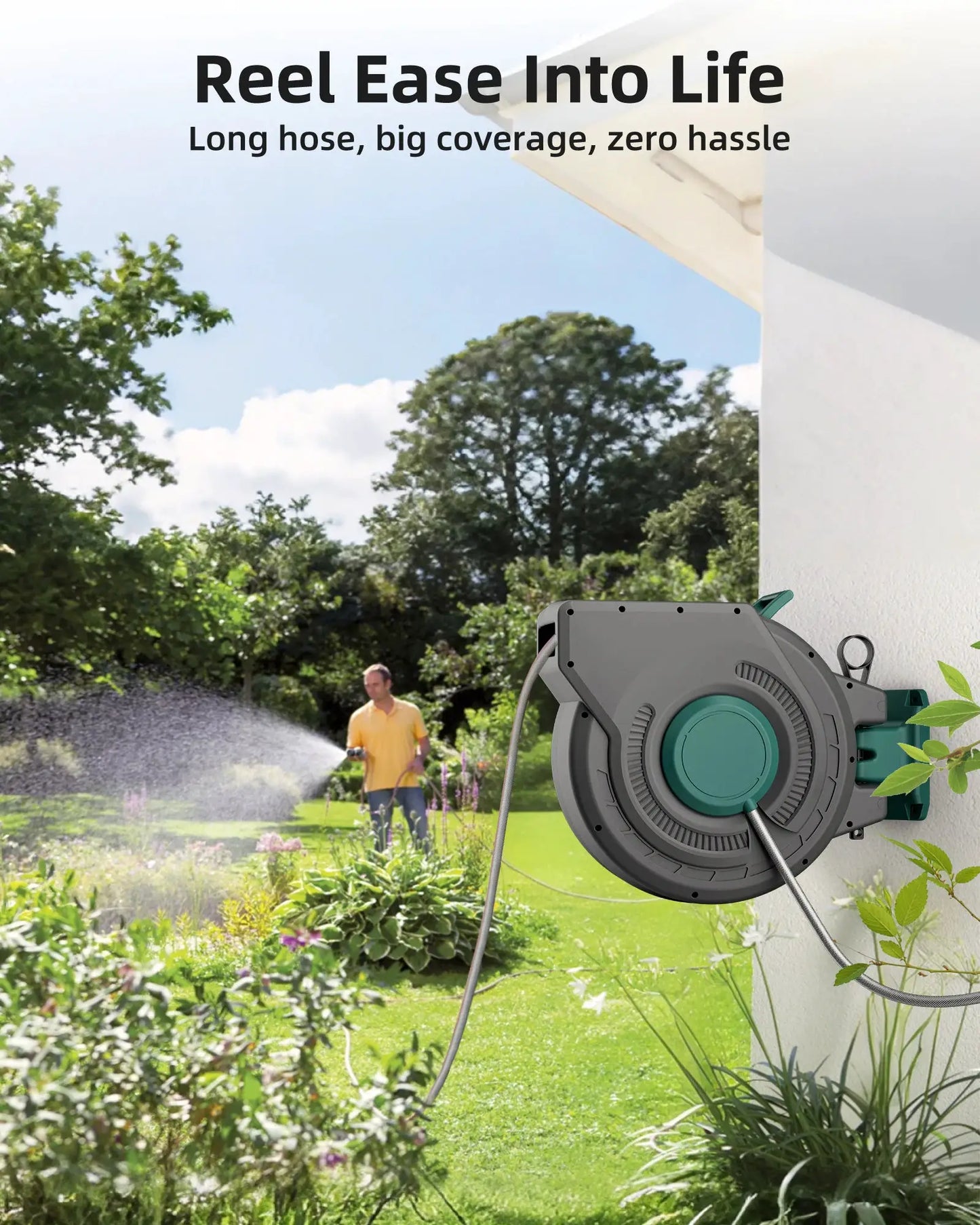 Retractable Garden Wall Mounted Heavy Duty Hose Reel 1/2" x 100 ft with PRO Metal Bracket Auto Rewind System 180° Swivel from PriceLows™
