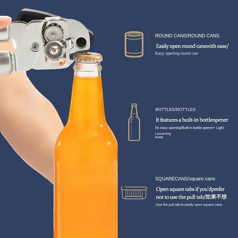 Multi-Use Can Opener & Bottle Opener - Stainless Steel, Handheld, for Jars, Cans, Easy Grip, Dishwasher Safe (Silver) from PriceLows™