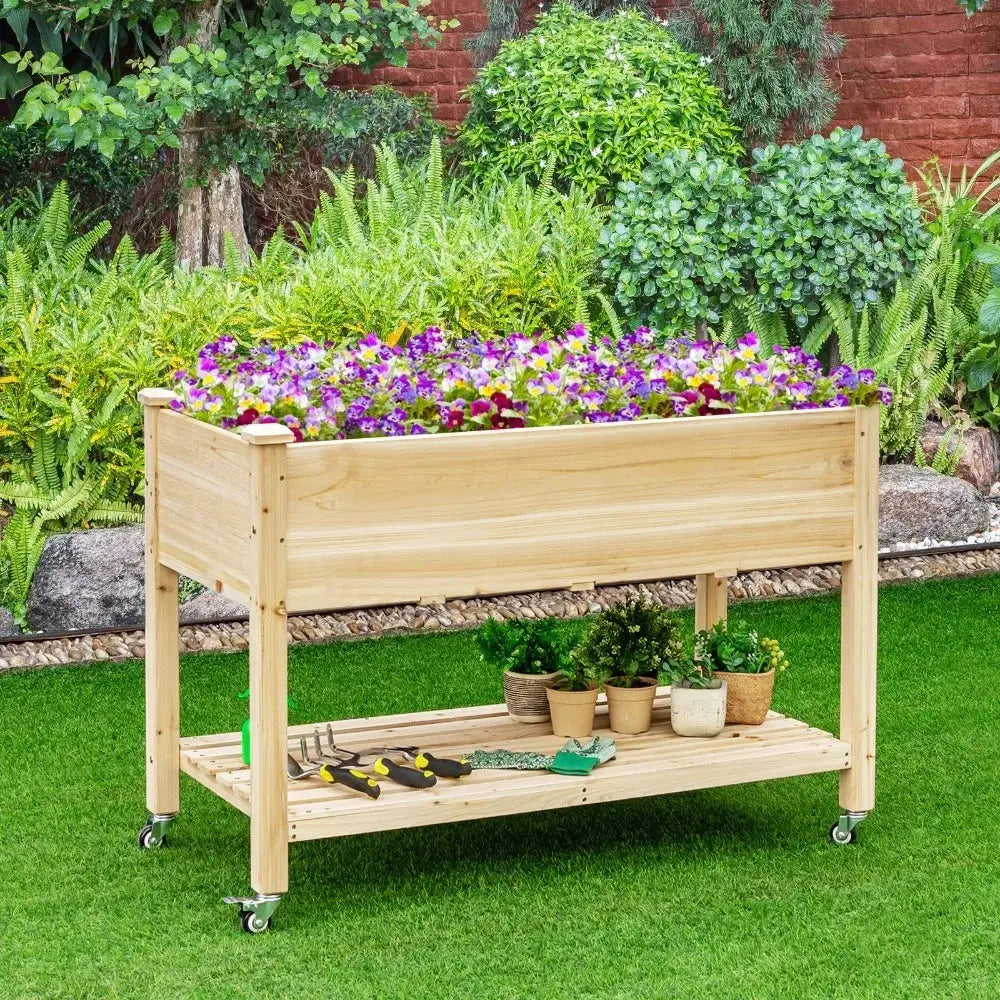 Raised Garden Bed Wood Elevated Planter Bed w/Lockable Wheels Shelf & Liner from PriceLows™