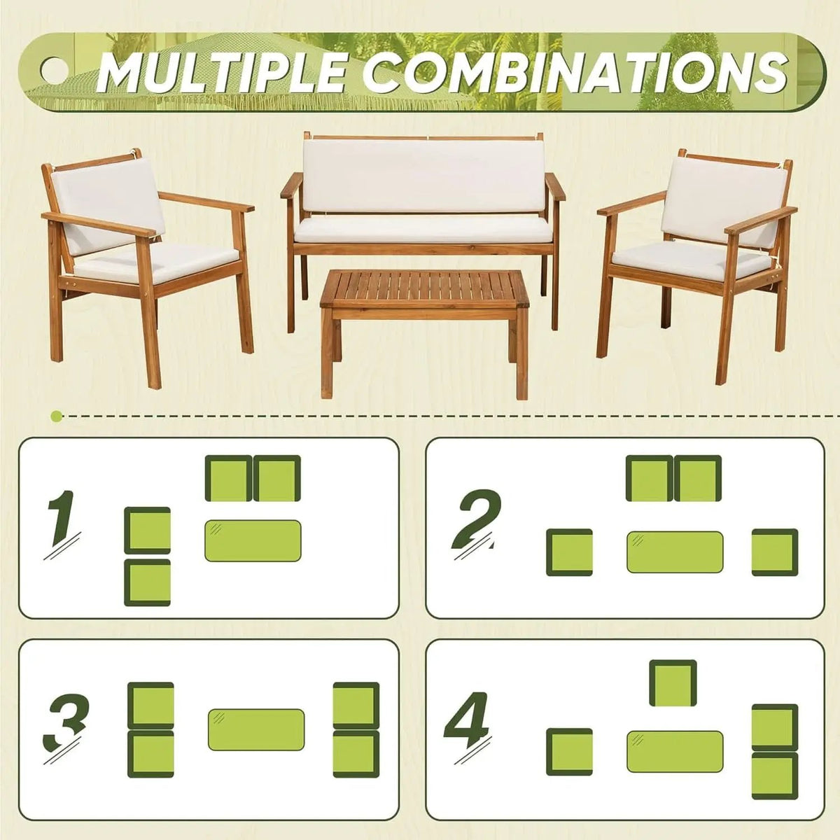 Acacia Wood 4 Piece Patio Conversation Set With Cushions from PriceLows™