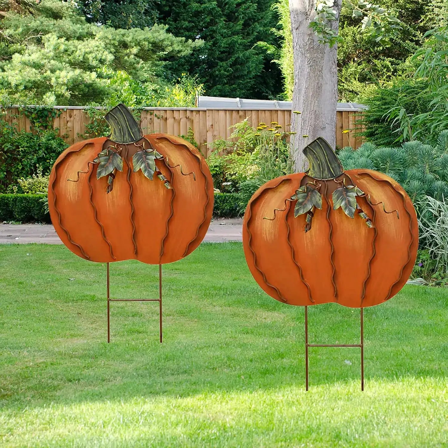 2pcs 17.5" 2 Parts Metal Pumpkin Garden Stakes Autumn Decorative Yard Signs Indoor Outdoor Plant Flower Stake Fall Lawn Ornament from PriceLows™