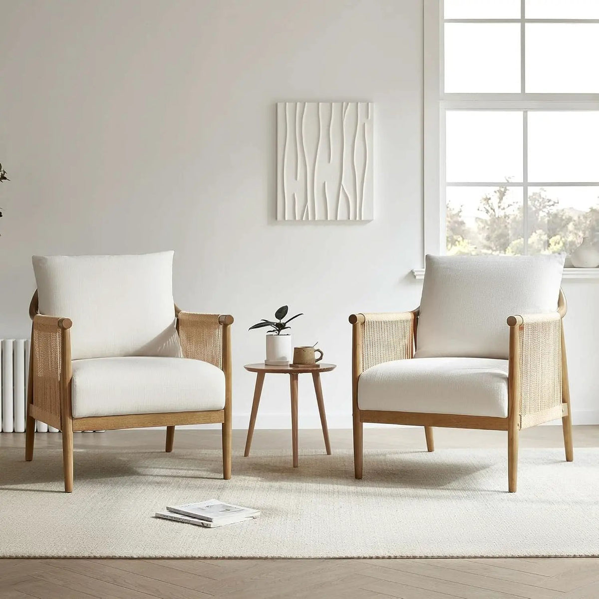 Cream Braided Accent Armchair With Wooden Armrests from PriceLows™