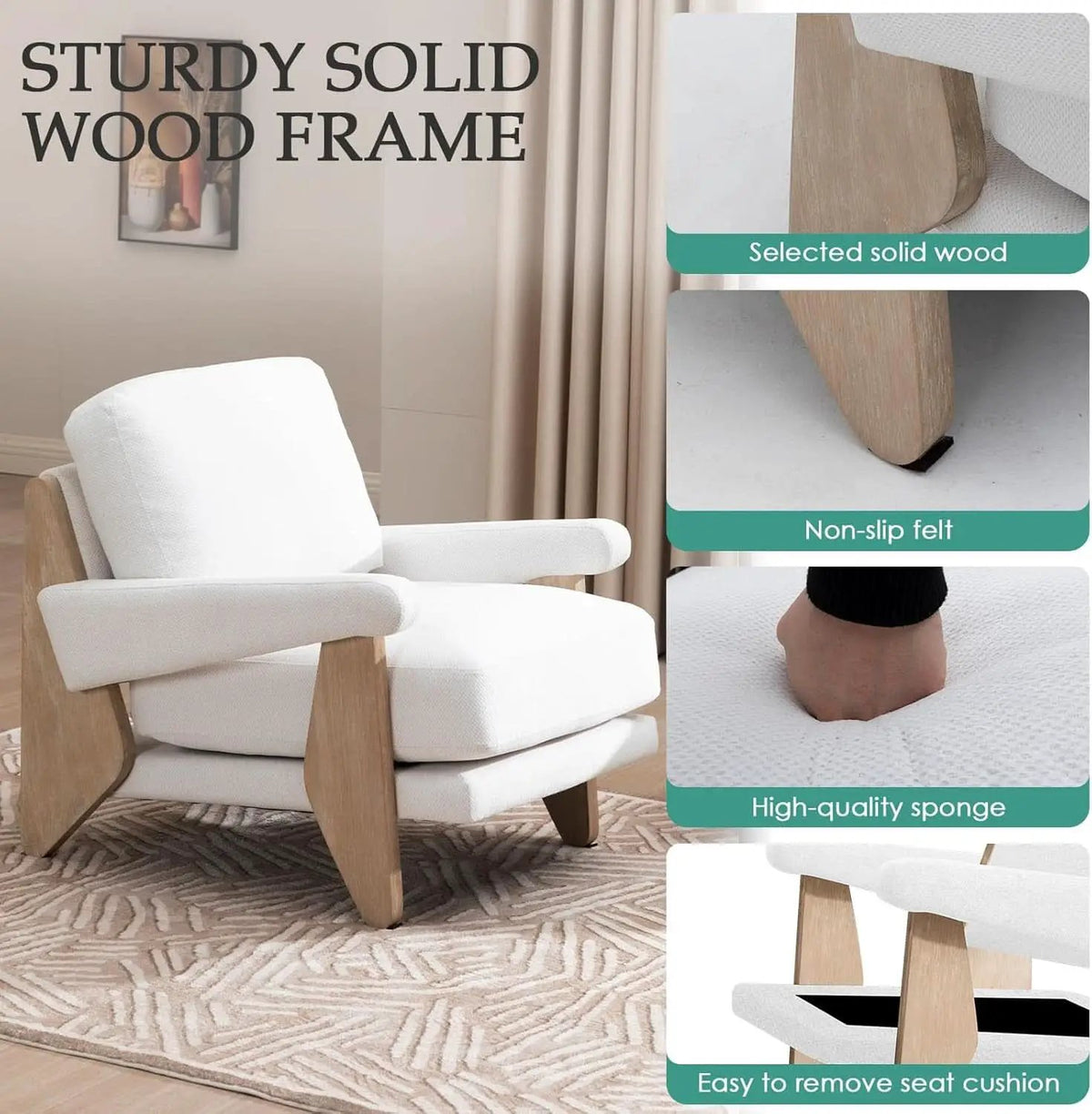 Ivory Chenille Accent Chair Solid Wood LivingRoomSet from PriceLows™